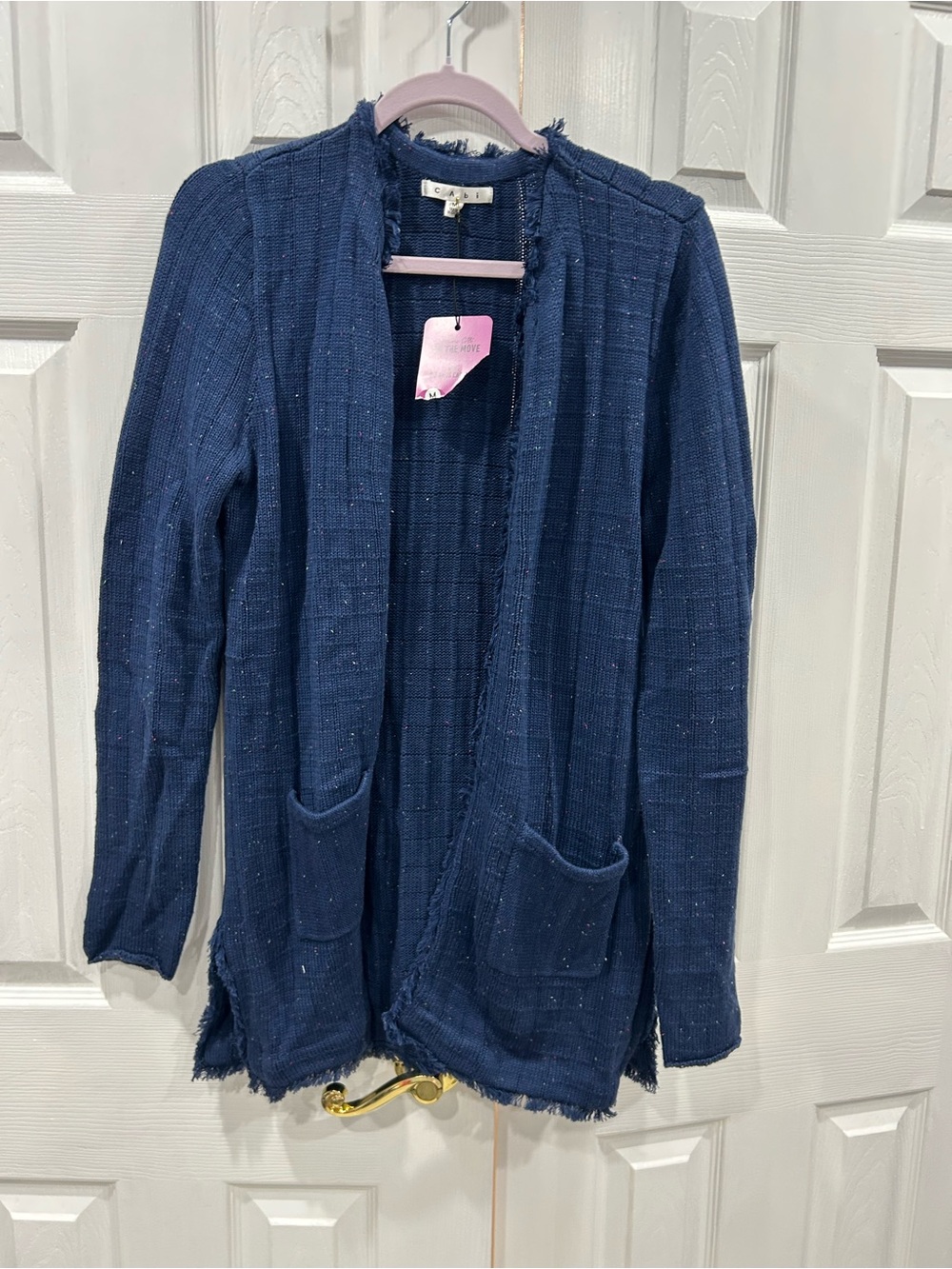 CAbi Navy Open-Front Tweed Cardigan with Pockets
